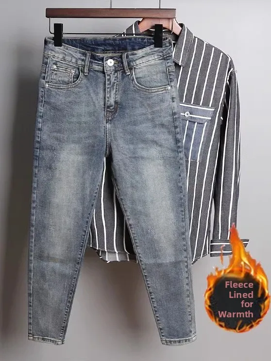 

Осенне-зимние мужские облегающие джинсы с девятью дюймов на подкладке, свободные повседневные хлопковые джинсовые брюки до щиколотки с конусом