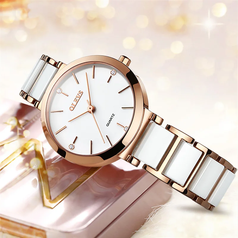 New OLEVS Top Brand White Ceramics Women's Quartz Watch Ladies Luxury Dress Fashion Rose Gold Women Watches reloj para mujer