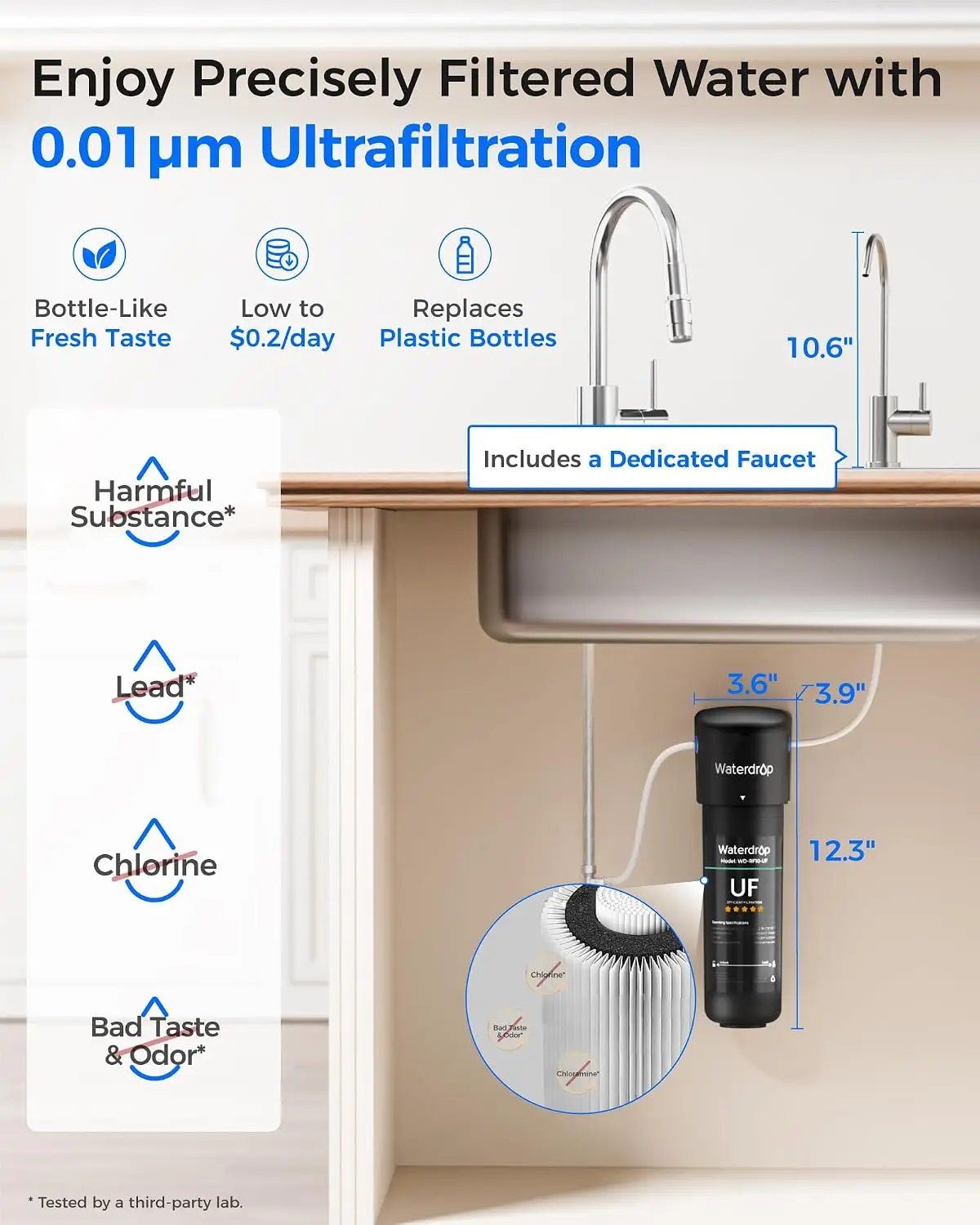 Waterdrop 10UB-UF 0.01 μm Ultra Filtration Under Sink Water Filter System with Dedicated Faucet, 8K Gallons, USA Tech
