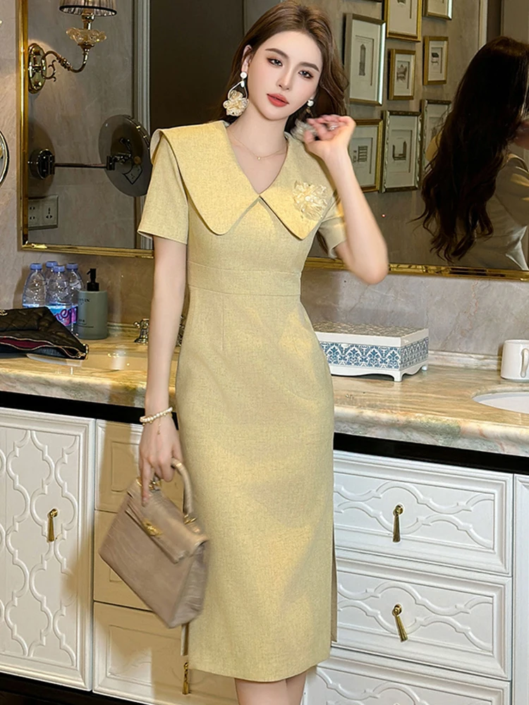 New Summer Vintage Business Commute Formal Dress Women Clothes Mujer Elegant Office Work Style Sweet Short Sleeve Slim Vestidos