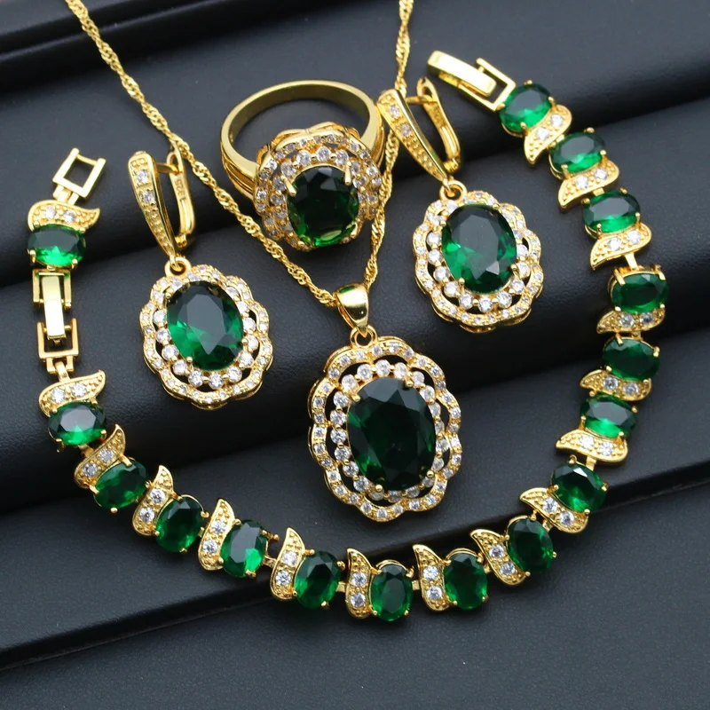 Gold Color Bridal Jewelry Sets For Women Wedding Emerald Blue Zirconia Earrings Pendant Ring Bracelet Chain Christmas Gift