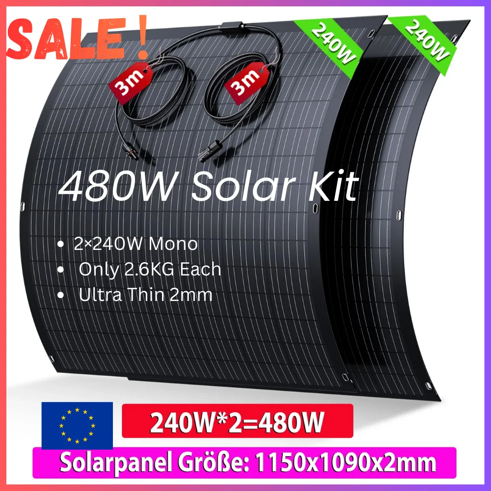 480W RV Flexibles Solarpanel-System 2×240W Mono-Panels, Leichtgewicht 2,6KG, Wasserdicht IP67 für Boot Balkon Off-Grid