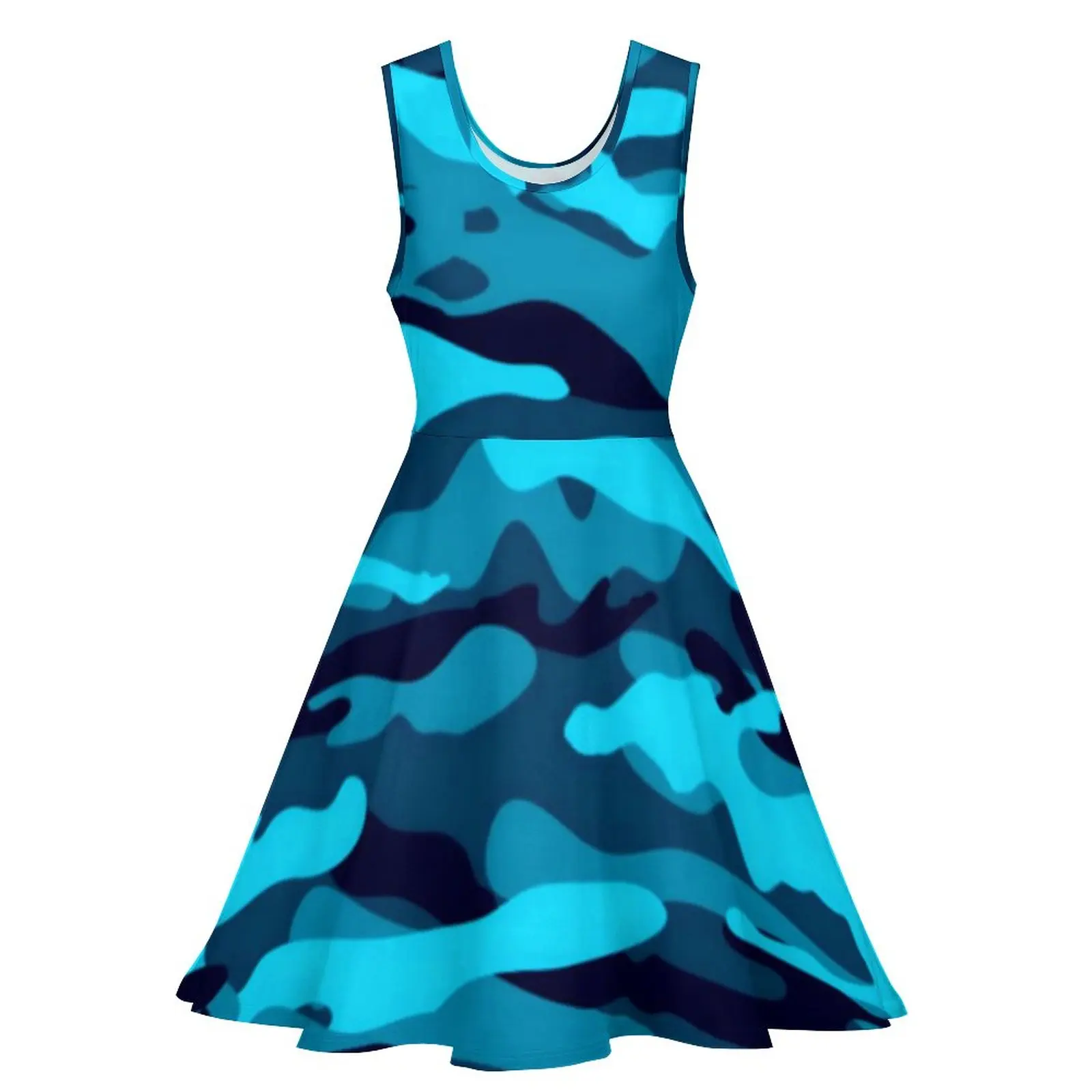 Azul camo impressão vestido sem mangas colorido camuflagem vestidos casuais verão feminino oversized bonito na moda vestido de skate