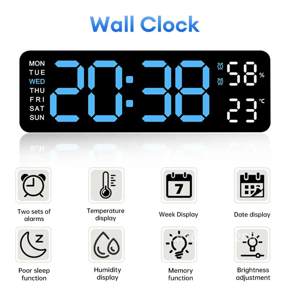 Large Digital Wall Clock Temp Date Week Display Timer Auto-dimming  Table Clock 12/24 Hours Wall-mounted Alarms LED Clocks