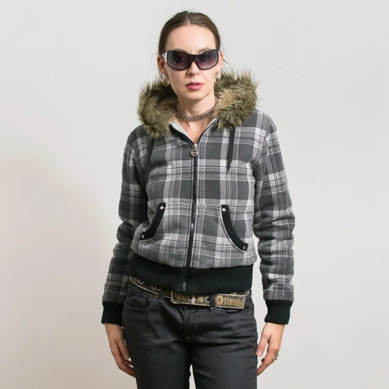 Moletom xadrez retrô com capuz e jaqueta de gola de pele, lindo moletom estilo INS