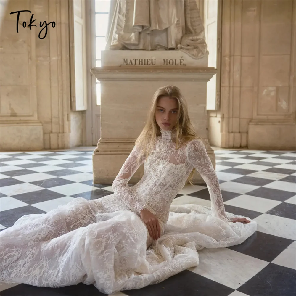 

Tokyo Elegent High Neck Lace Long Sleeve Sheer Mermaid Wedding Gown Vintage Elegant Church Wedding Event Lace Bridal Dress 2026