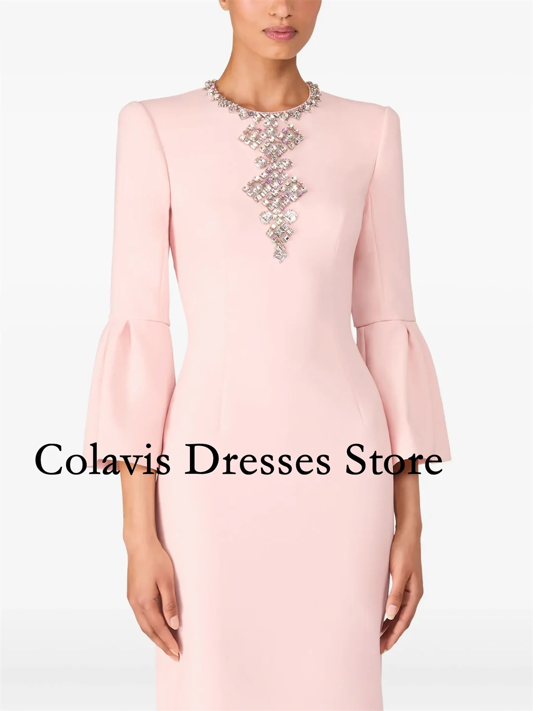 

2025 Индивидуальные платья для выпускного вечера с круглым вырезом и расклешенными рукавами, розовые креповые платья для выпускного вечера, вечернее платье, женские вечерние платья, вечернее платье