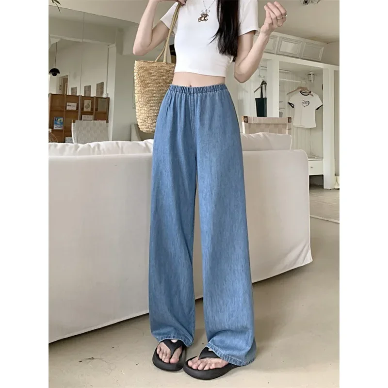 Korean Style High Waist Wide Leg Thin Ice Silk Jeans Women Summer Loose Fit Large Size Straight Pants Streetwear Women Y2k