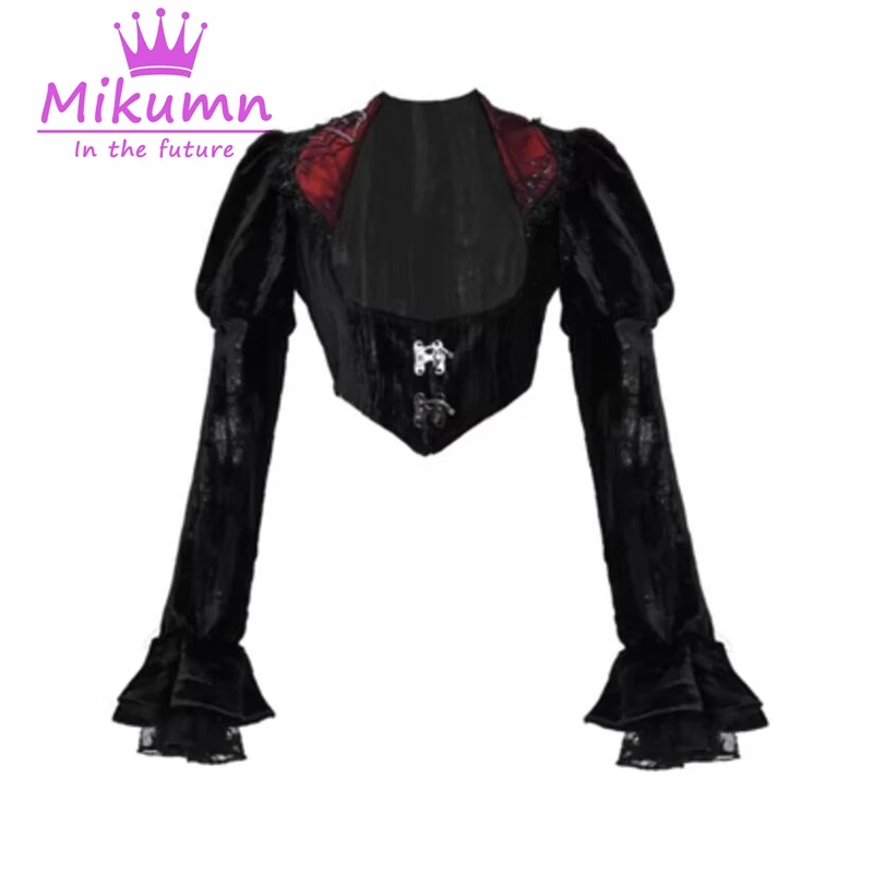 Women Gothic Black Velvet Short Jacket Vintage Spider Web Lace Turn-down Collar Puff Sleeve Victorian Coat Party Autumn