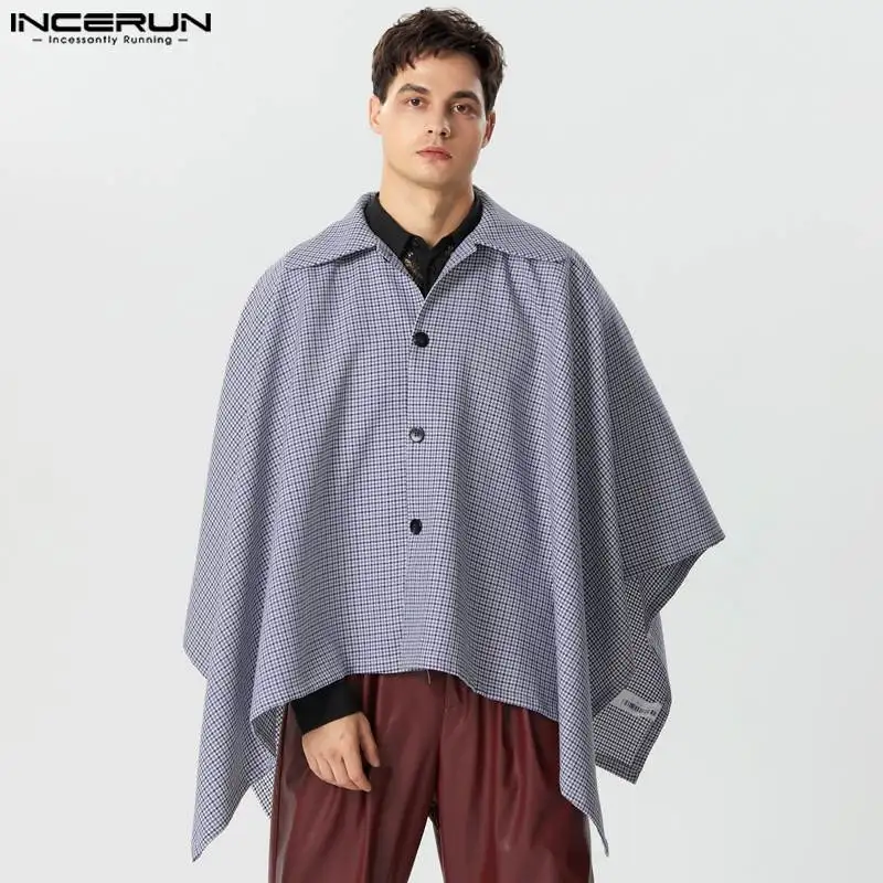 

Fashion Casual Style Tops INCERUN Handsome Men Plaid Silhouette Sloping Placket Trench Streetwear Male Loose Lapel Cape One Size