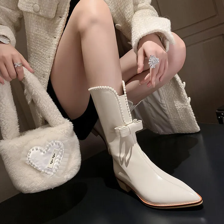 2023 New French Pointed Head Temperament White Bow Tie Women's Short Boots Pearl Zipper Cowhide Boots Fashion Trend Short Boots