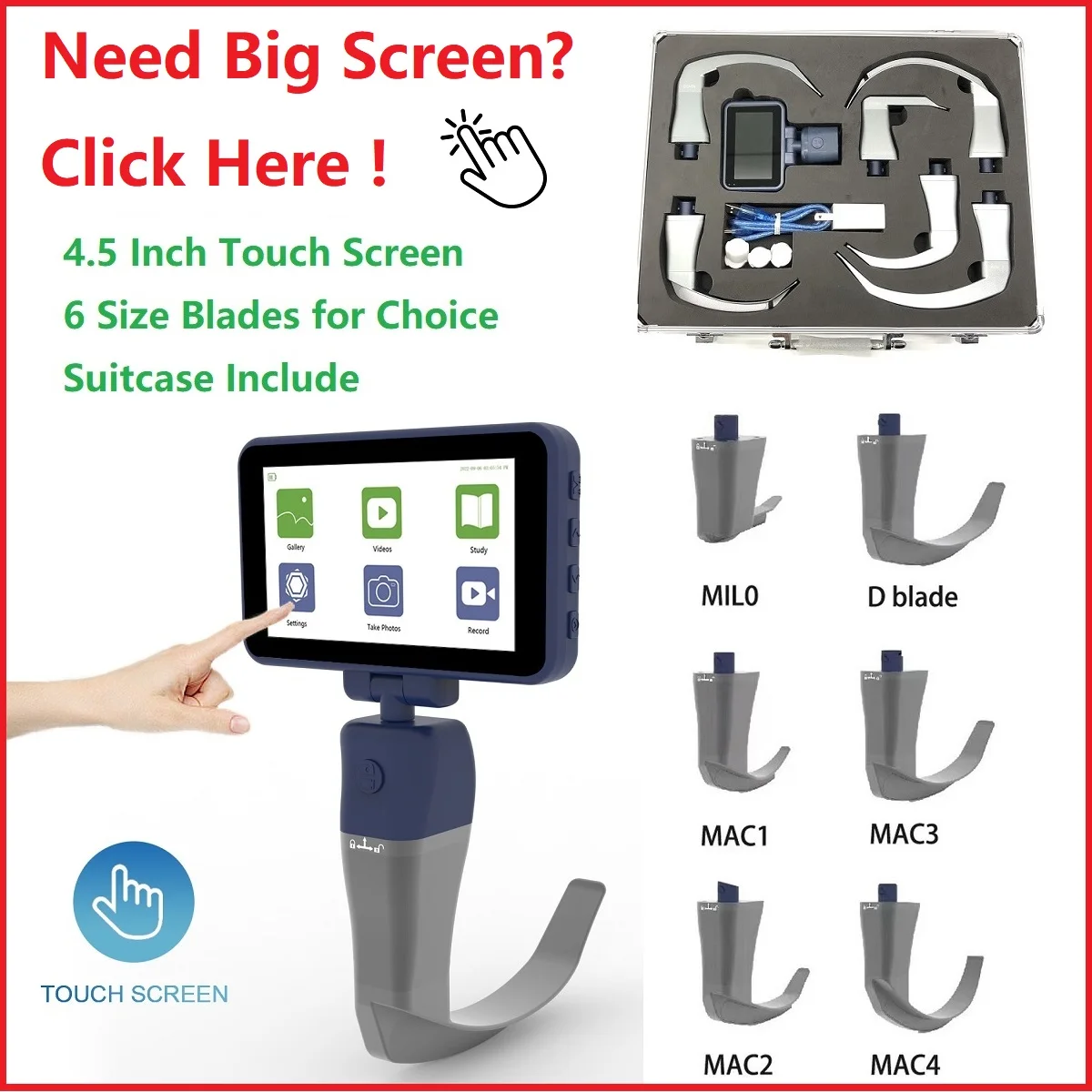 3.5 inch color Touch screen Anesthesia Digital Video Laryngoscope 6 sizes Reusable Stainless Steel Blades Optional laryngscope