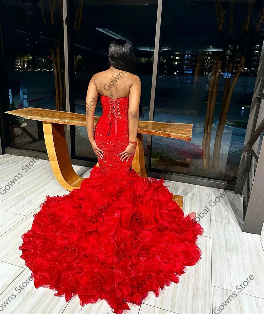 Red Strapless Sequin Long Prom Dresses Black Girl Bead Crystal 2024 Birthday Luxury Dress Tassel Ruffles Evening Gown Customized image 4
