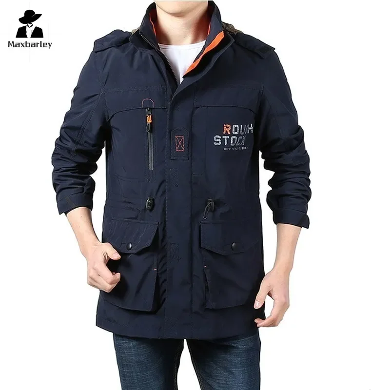 Autumn And Winter Jacket Men\'s Plus Size Mid-length Waterproof Work Hooded Coat Casual Outdoor Camping Fleece-lined Snow Parka