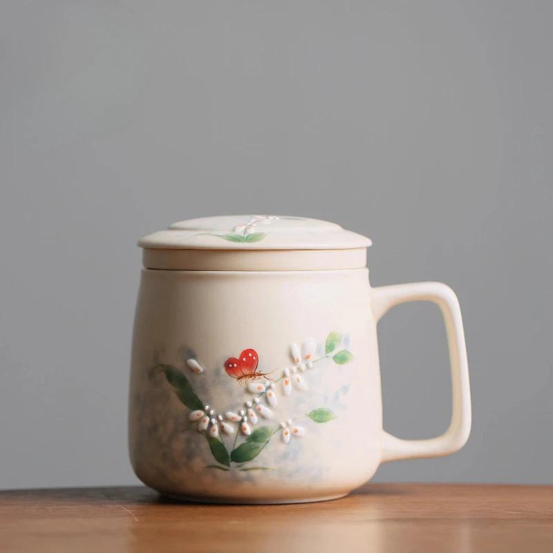 

Chinese Style Ceramic Relief Butterfly Pattern Mug Personal Office Creative Teacup With Cover Filtered Tea Water Separation, 1Pc