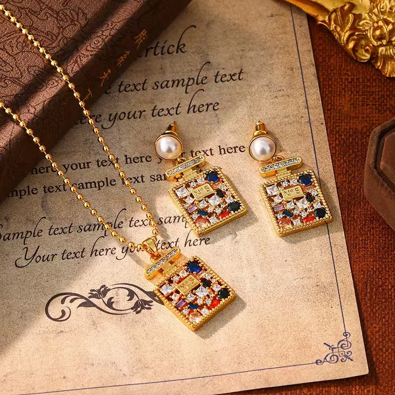

Luxurious Metal Perfume Bottle Earrings Necklace Jewelry Set Chic Trendy Minimalist Lockbone Chain Women Daily Party Wear