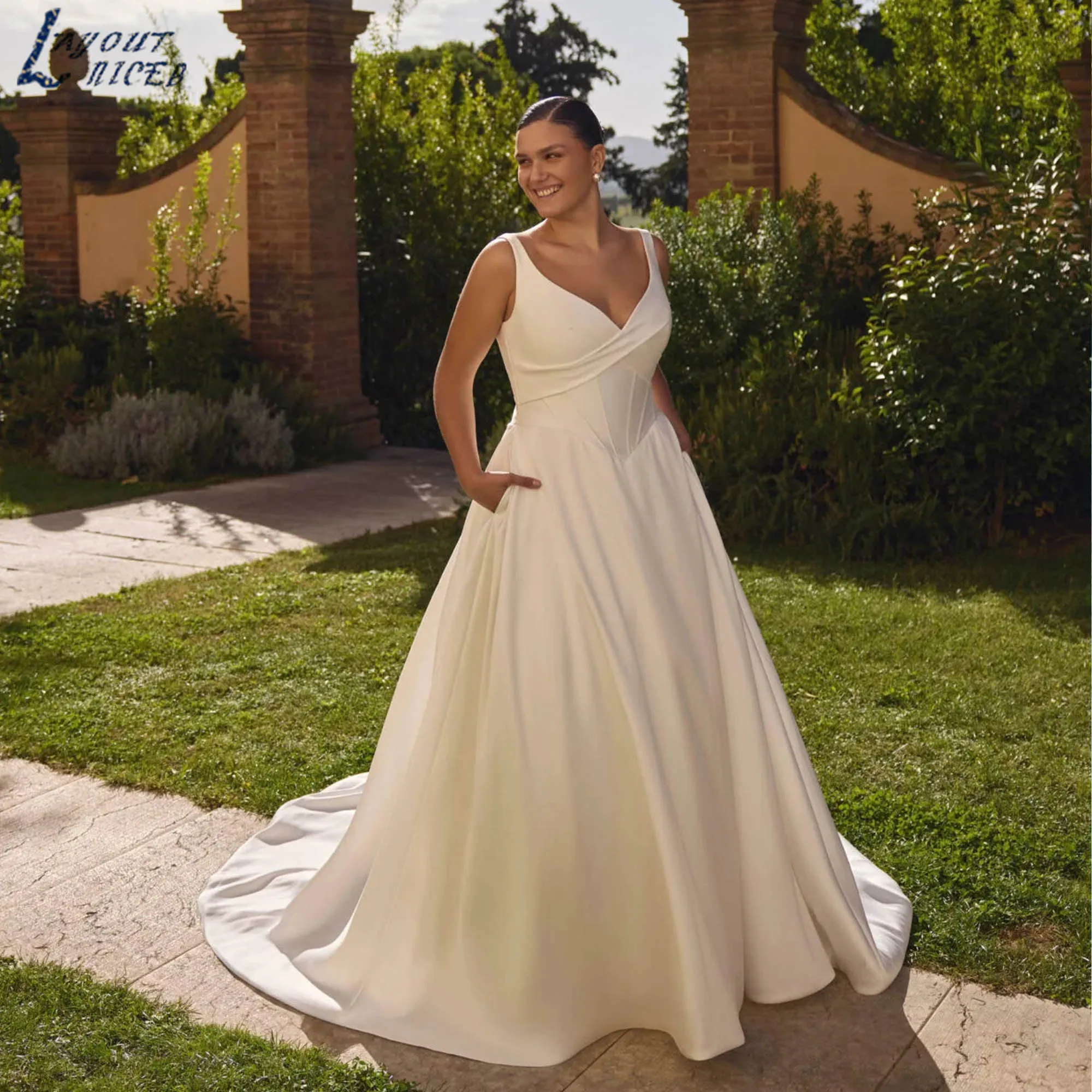 

Minimalism Wedding Dress V-neck A-line Satin Bridal Gown Sleeveless Plus Size vestidos de novia Simple V-back Buttons Customized