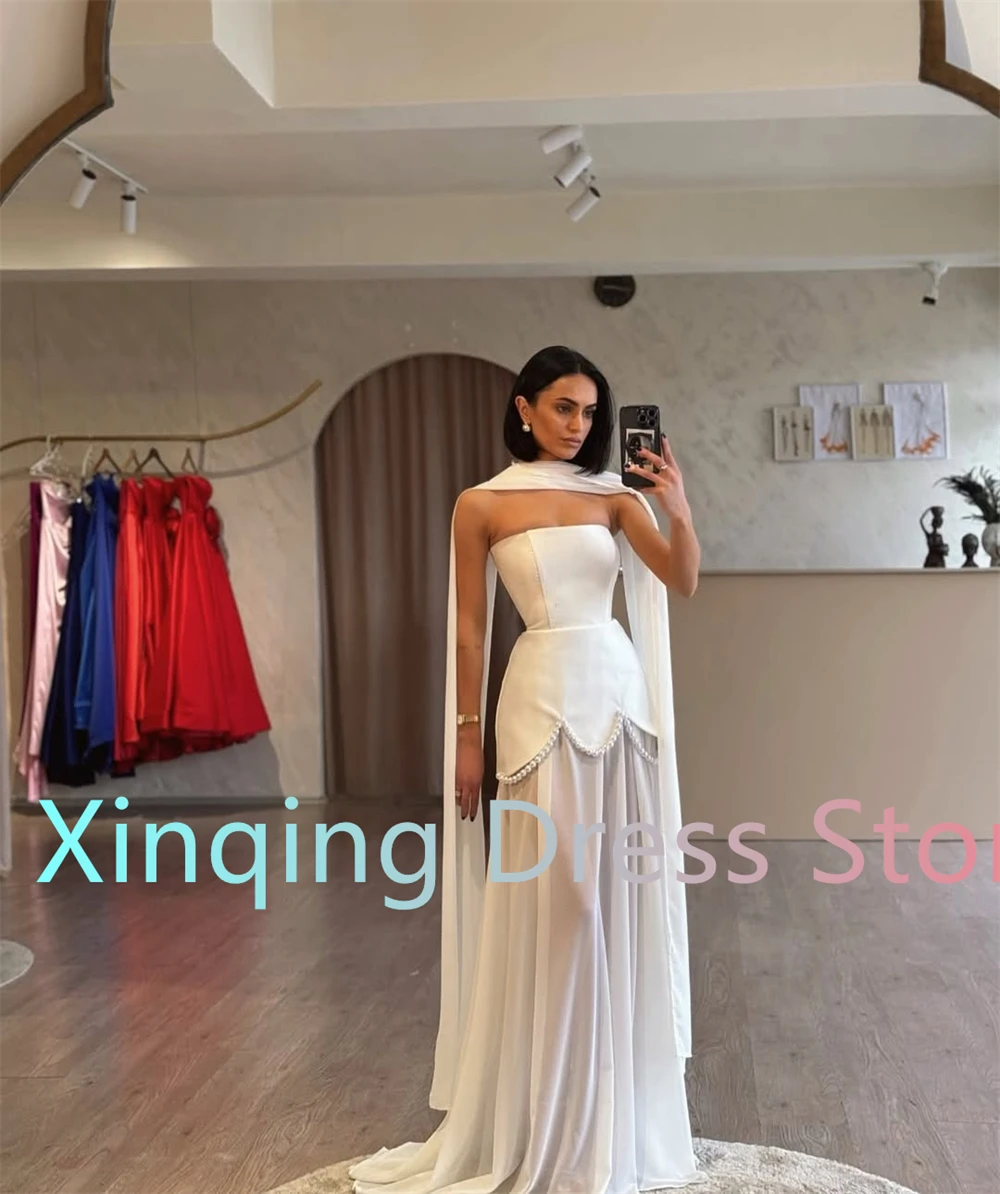 Customized  Graceful White Tulle Evening Dress Fashion Strapless Sleeveless Party Dress High Quality Chapel Train Prom image 6