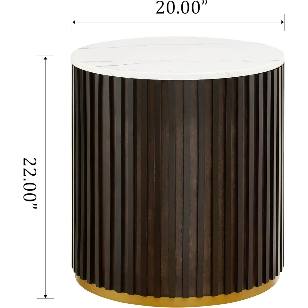 Round Wood End Table with Marble Lid ＆ Hidden Storage, Modern Handcraft Drum End Table, Circle Wooden Ends Tables for Apartment