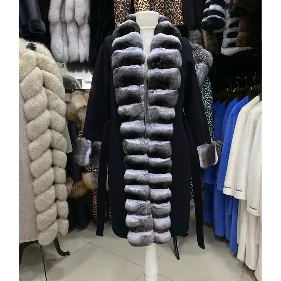 Nuovo cappotto in cashmere da donna misto lana giacca lunga per donna collo in vera pelliccia di coniglio Rex color cincillà di lusso di alta qualità