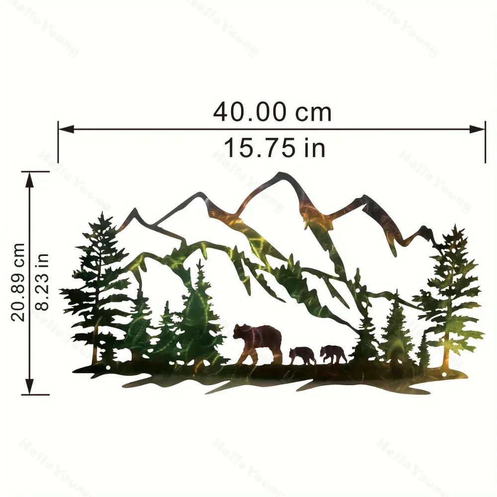 家の装飾のための森、山、クマの素朴な金属壁アート、魅力的なワンピース