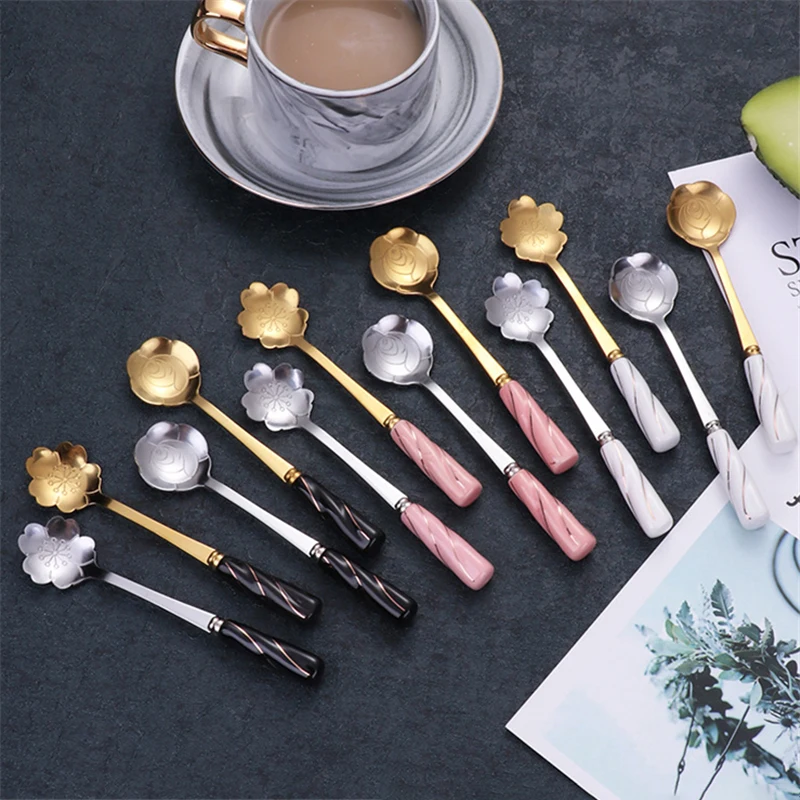 Cherry Blossom Stainless Steel Spoon Creamic Dessert Coffee Spoon Teaspoon Beauty Rose Flower Table Decoration Serving Spoons