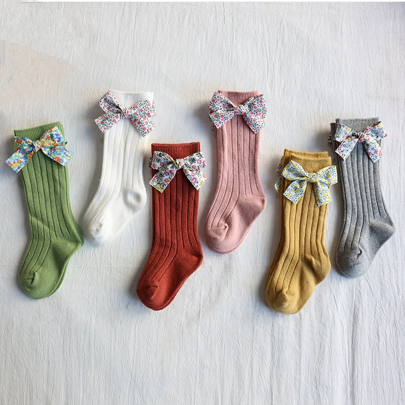 

Baby Girls Socks Toddler Floral Bows Knee High Long Sock Soft Cotton Stripe Children Socks Princess Style For 0-8Years Kids