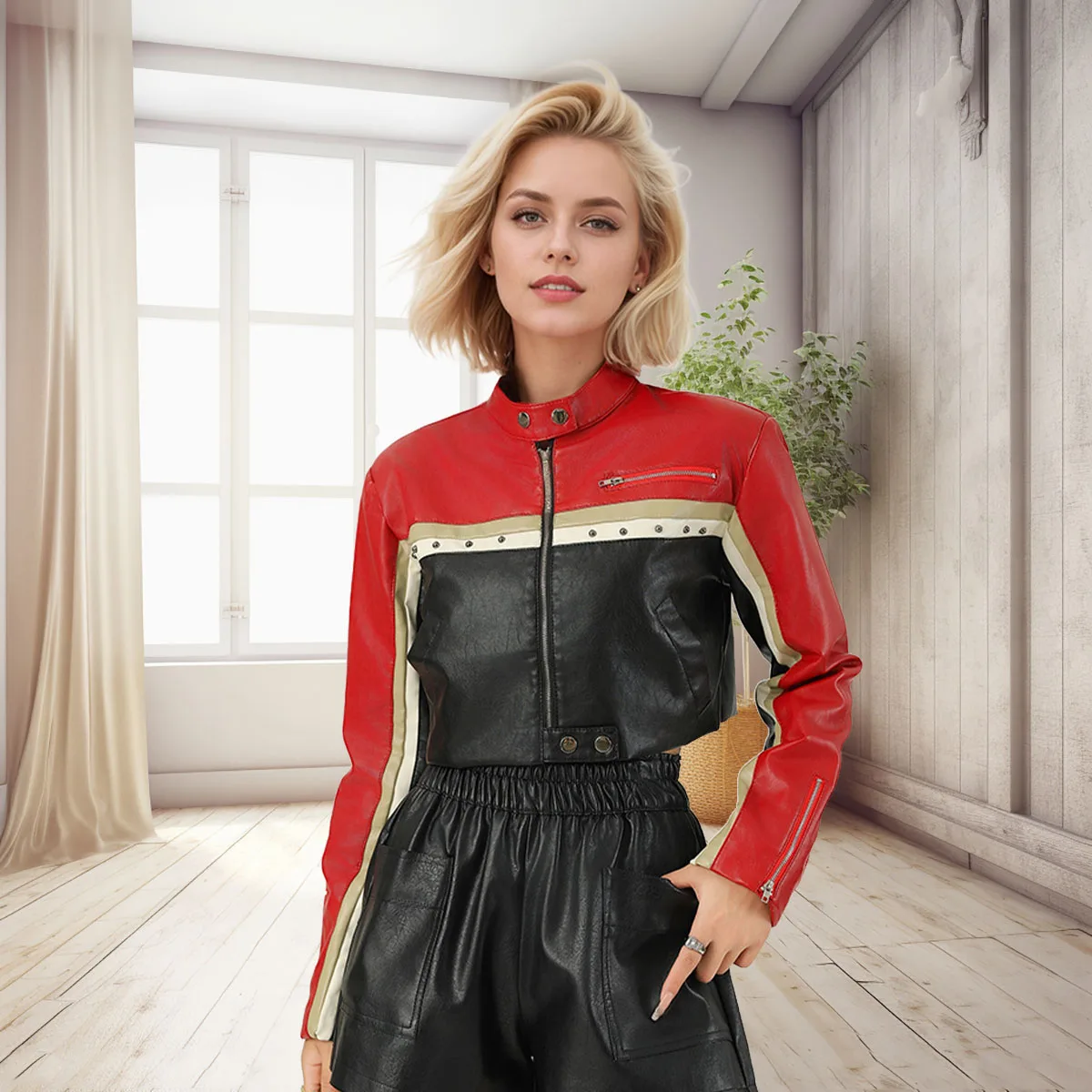 

Women's new color blocked short jacket, fashionable and cool, motorcycle zipper jacket