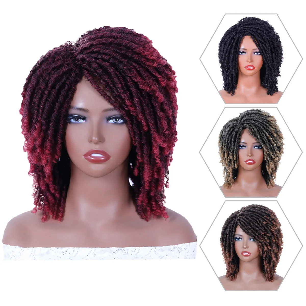 

BCHR Short Dreadlock Curly Synthetic Braided Wig Black Brown Red African Faux Locs Crochet Twist Hair Wigs for Women