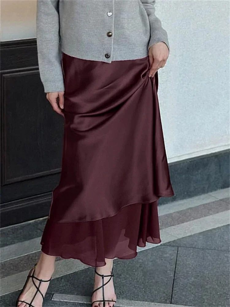 BluWin Satin Ruffled High Waist Long Skirt Female Patchwork Solid Elegant Commute Streetwear Women's Summer 2025 New Maxi Skirt