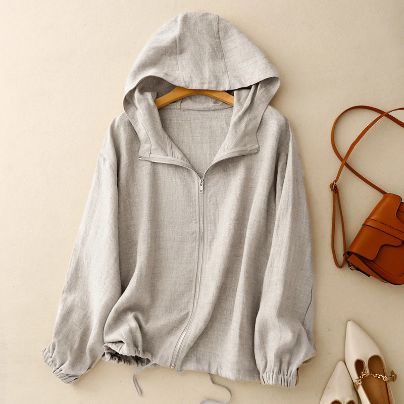 

High-End plus Size Bohemian Top Spring Summer Original Cotton Linen Hooded Jacket Windbreaker Batwing Sleeve Cover up Sun Pro...