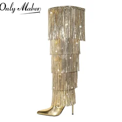 Onlymaker Women Pointed Toe  Gold Fringe Metallic Slim  Over The Knee Boots Stiletto Sexy Dance Thigh Boots