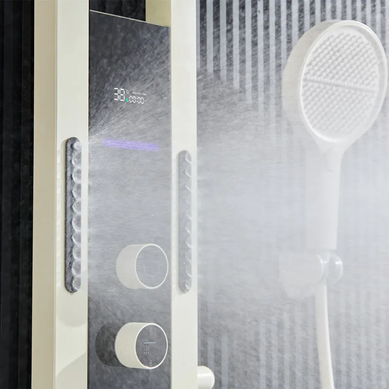 Zestaw wielofunkcyjnej cyfrowej głowicy prysznicowej z termostatycznymi bateriami, biały wyświetlacz, klawisze w stylu pianina, system masażu z funkcją ciepłej/zimnej wody.