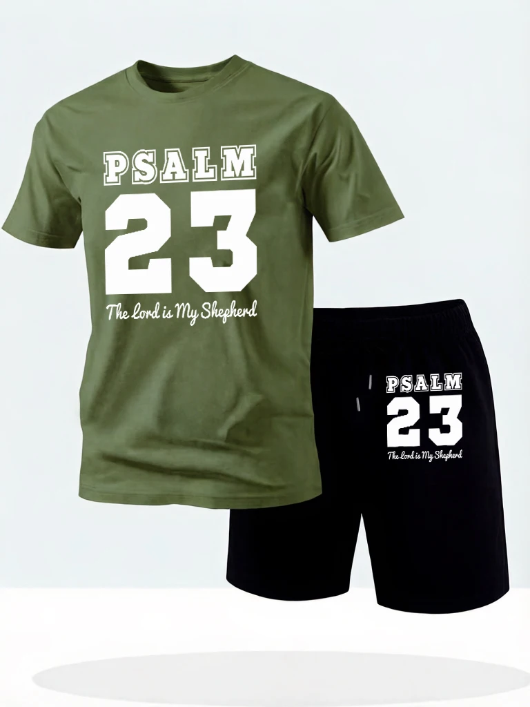 

Psalm Number 23 Design Drawstring Summer Short Pants Beach Running Oversized T Shirts Of Man'S Set Cotton Soft Fashion Tops