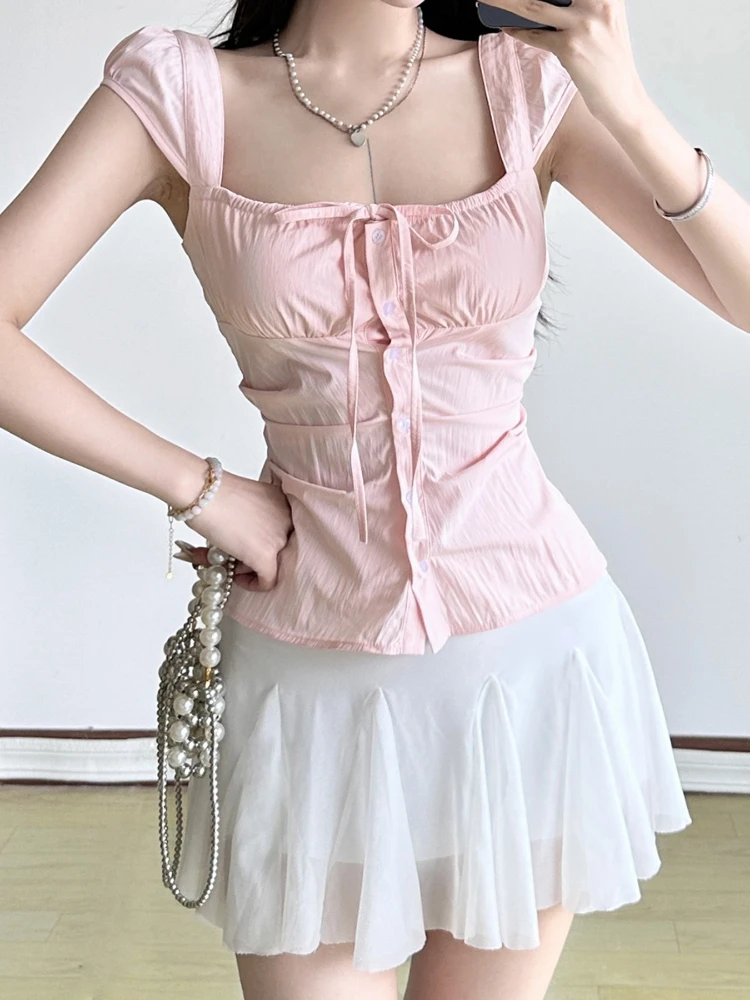 

Y2k Aesthetic Solid Square Collar Fairy Blouses Harajuku Vintage Grunge Slim Fit Shirt Summer Women Single Breaste Bandage Tops