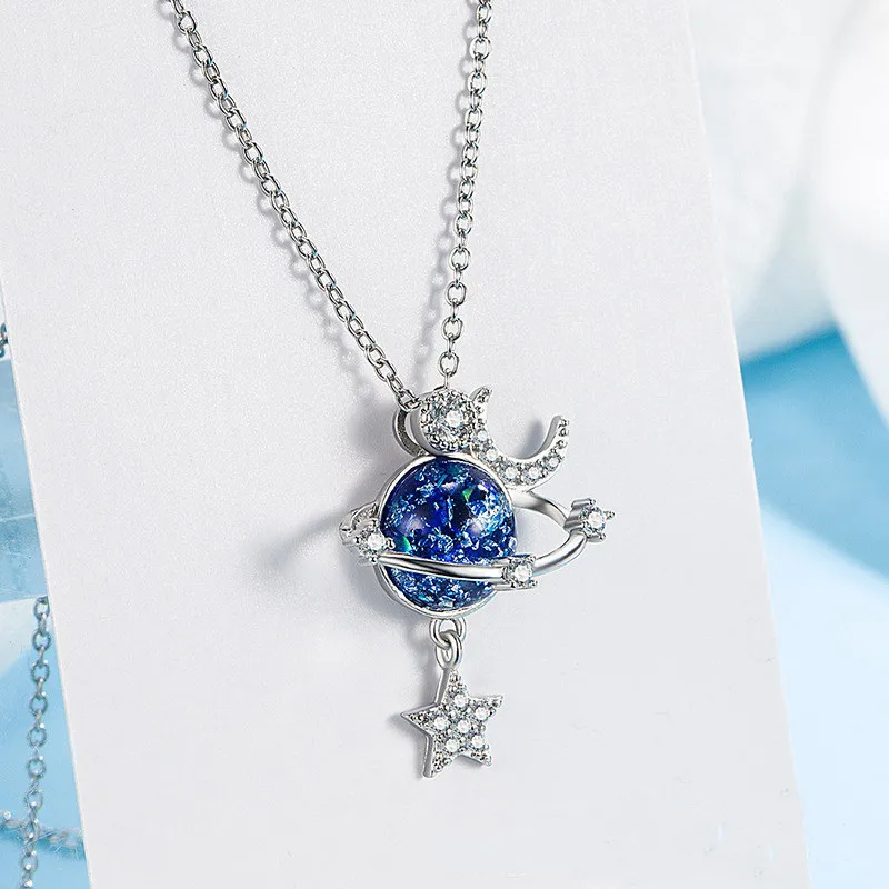 Trendy Moon Star Planet Pendant Necklace for Women Silver Color Zircon Butterfly Flower Heart Choker Clavicle Chain Jewelry Gift