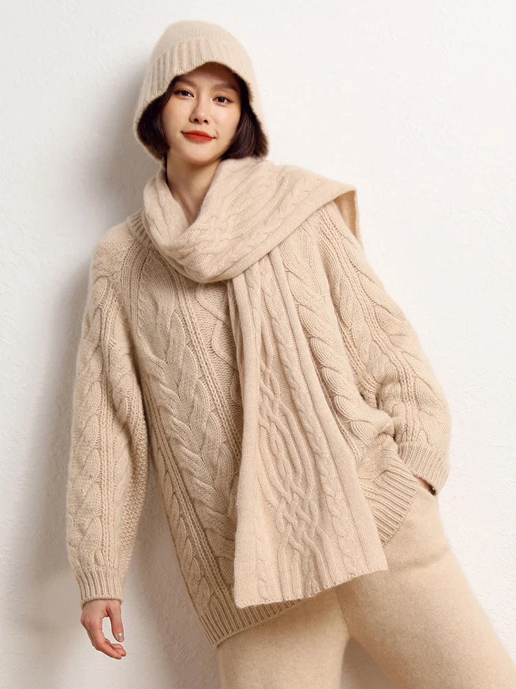 

Women 100% Cashmere Sweater Cable Knitting Pullover Medium Length O-Neck Cashmere Knitwear Autumn Winter Thick Loose Lazy Tops