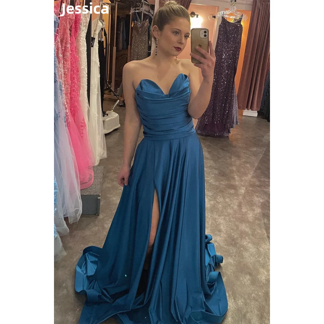 Jessica Blue Elegant Wedding Dress Off-shoulder Side Slit Pleats Elegant Lady Prom Dresses A-Shape Corset Vestidos De Fiesta