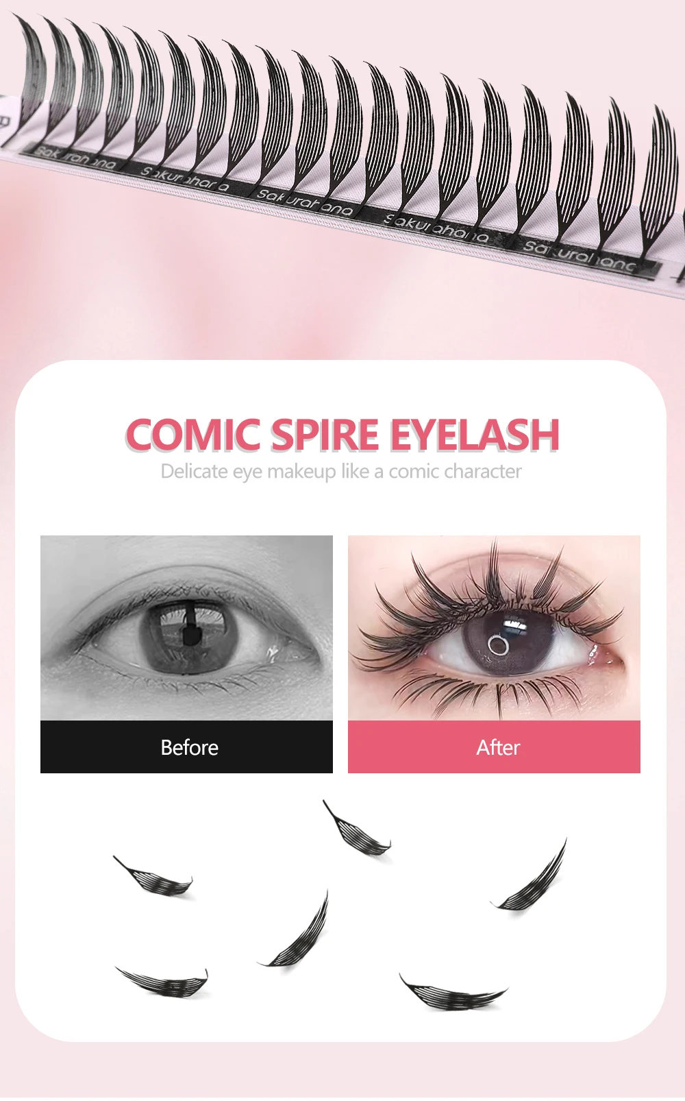 SAKURAHANA Comic Spire Wimpernverlängerung, vorgefertigte Fächer, natürlicher Kaschmir, Manga, falsche Wimpern, Fächer in Federform, Comic-Wimpern – Detail 3