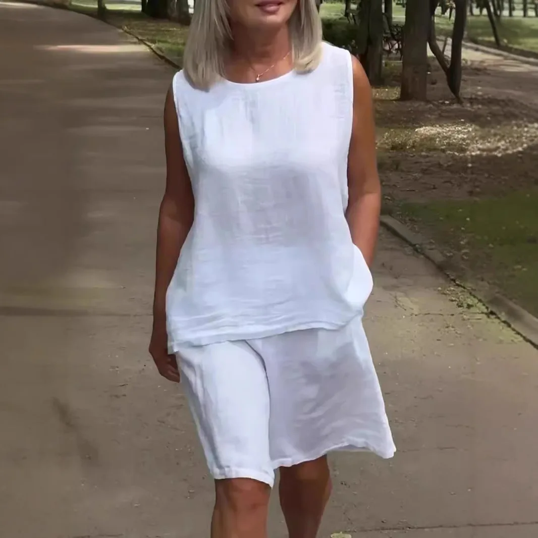 

Хлопково-льняной белый комплект для женщин, летняя мода, повседневный простой однотонный жилет без рукавов с круглым вырезом, широкие шорты, костюм из 2 предметов