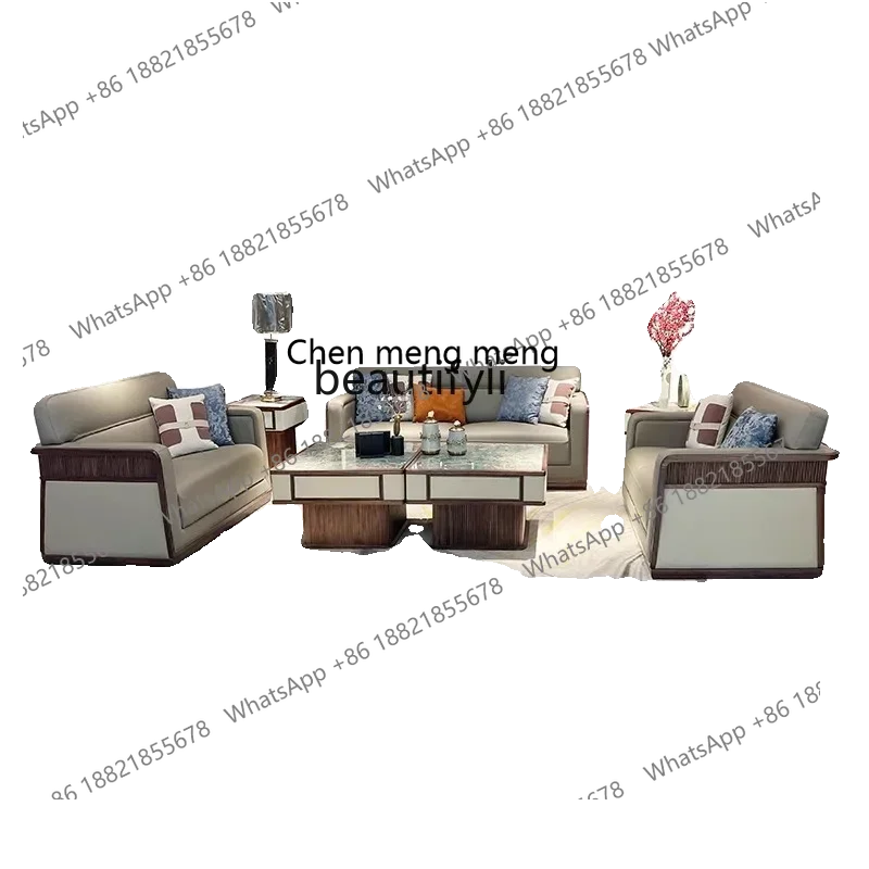 New Chinese-style North American black walnut sofa, modern living room, ebony solid wood leather sofa
