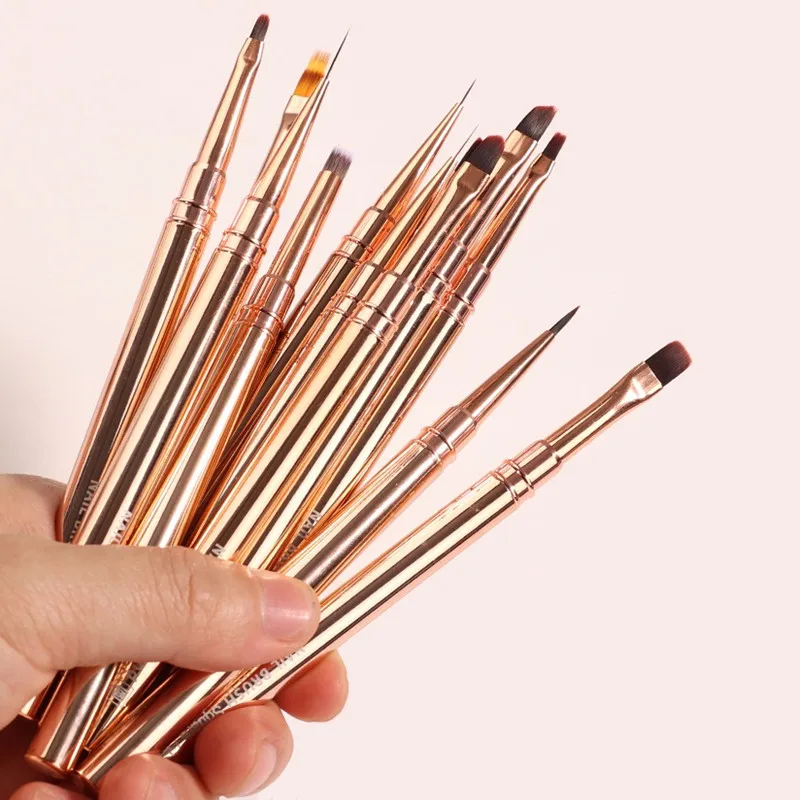 1/12개 골드 네일 아트 브러쉬 다이아몬드 그라데이션 네일 브러쉬 라인 페인팅 브러쉬 네일 크리스탈 아크릴 라이너 드로잉 펜