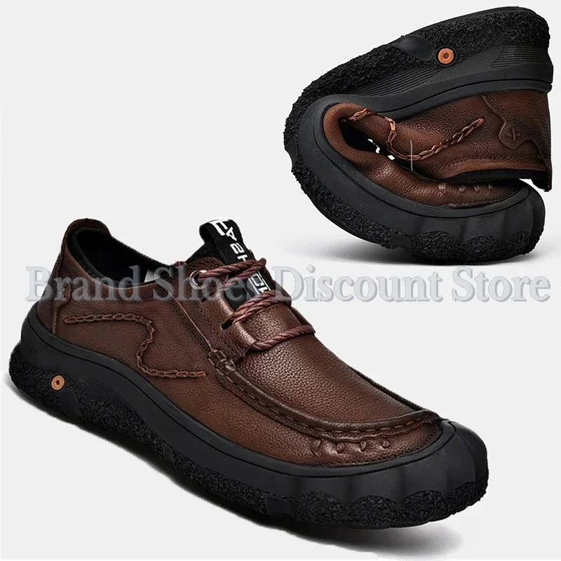 

LIHUAMAO Cow leather footwear walking sneaker brown shoes casual lace up hiking genuine leather men shoesanti-collision