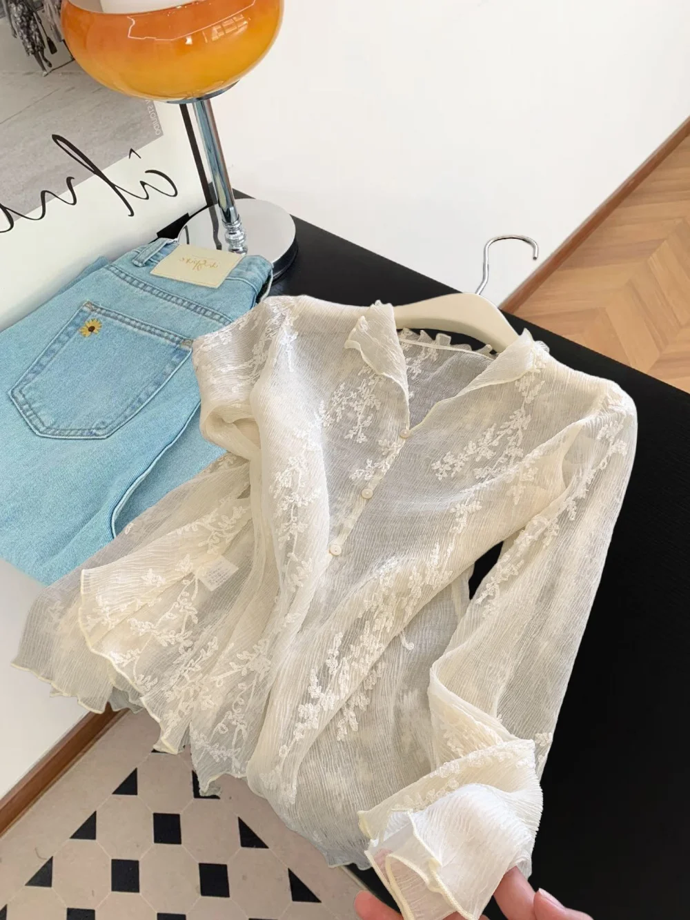 

Ele Long Sve Женская тяжелая работа с цветочной вышивкой, прозрачная повседневная одежда Musoom, свободная посадка V Ne