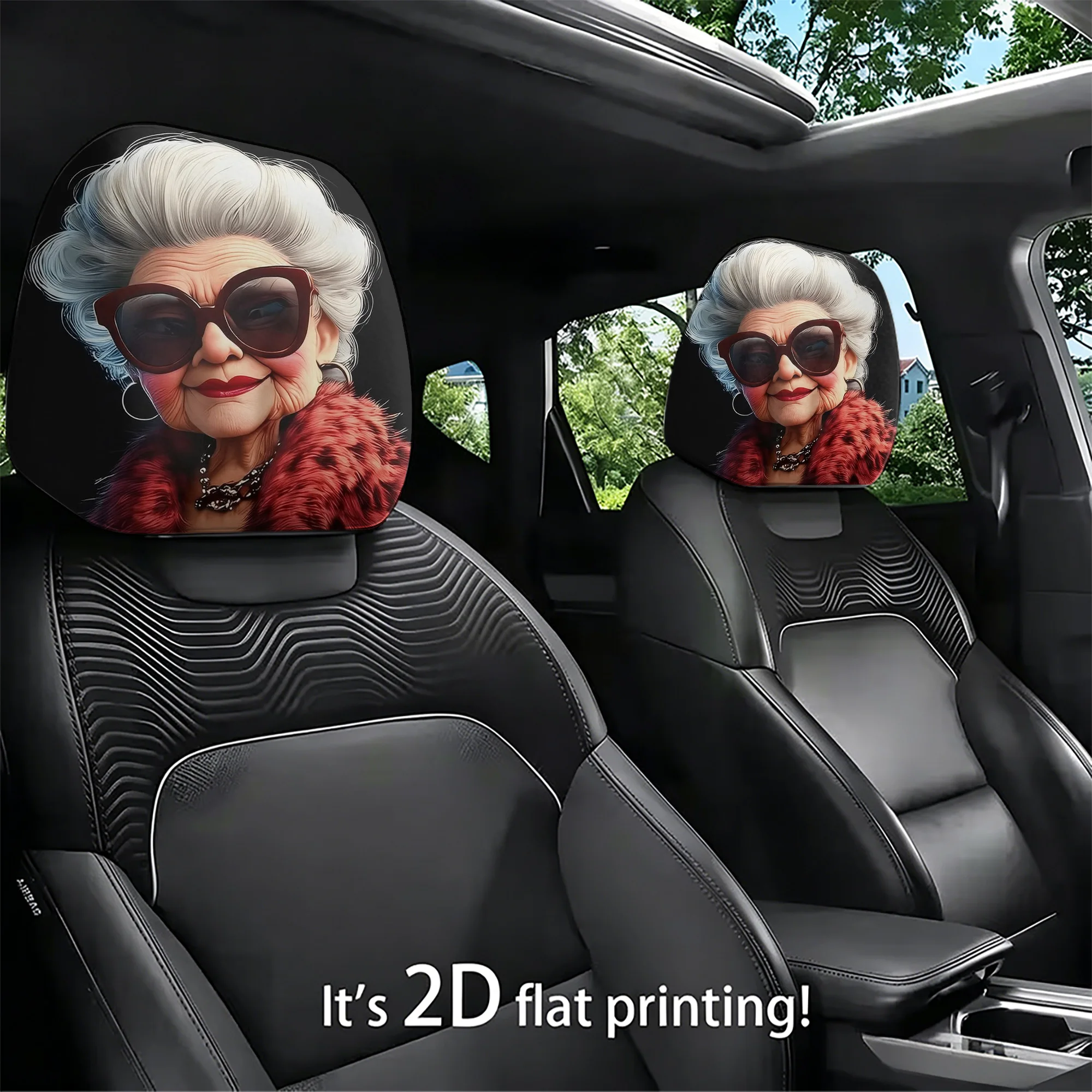 2pcs Set of Stylish “Old Lady” Car Headrest Covers, adding a touch of elegance to your car’s interior. Does not include filling.