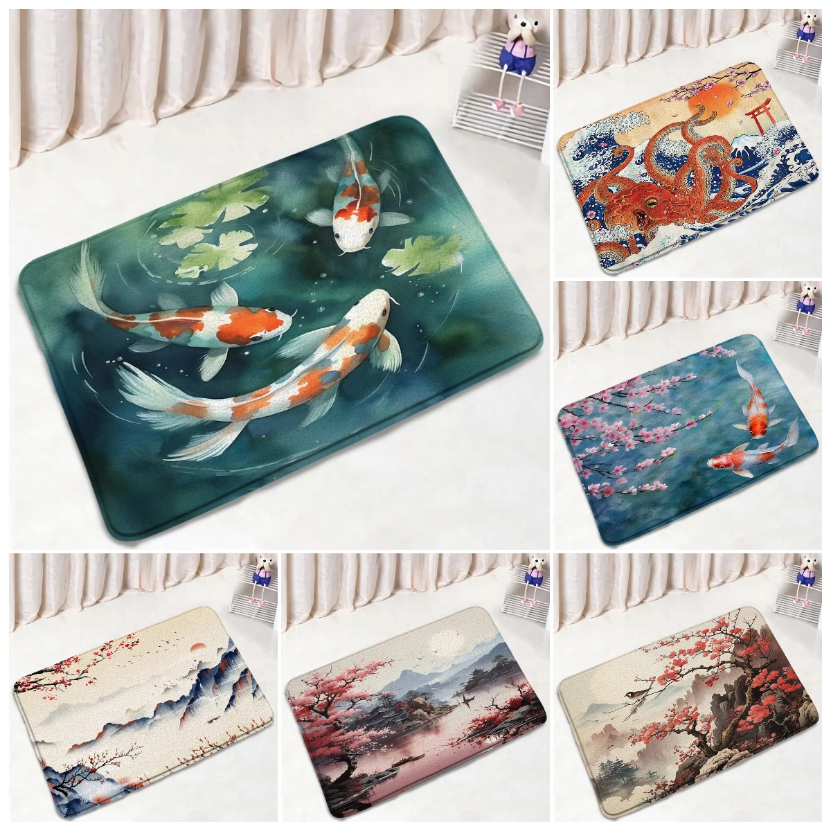 Japanese Style Bath Mats Koi Fish Octopus Cherry Blossom Sea Waves Ink Art Landscape Home Doormat Carpet Bathroom Decor Bath Rug