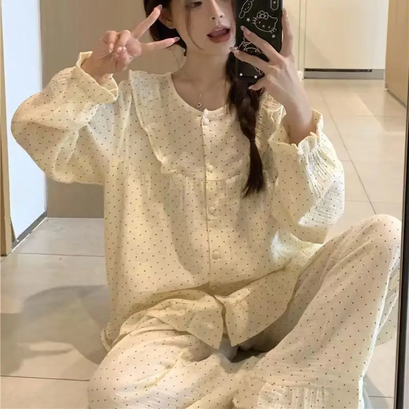 Polka Dot Sleepwear Women Pajama Sets Aututmn Piiama Ruffles Pants Sets 2 Pieces Korean Cute Night Wears Sleeping Home Suit New