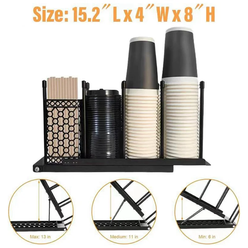 

Breakroom Dispenser Coffee Mug Kitchen Countertop Cup Holder Adjustable Height 4 Compartment Lid Organizer Bar Storage A Durable
