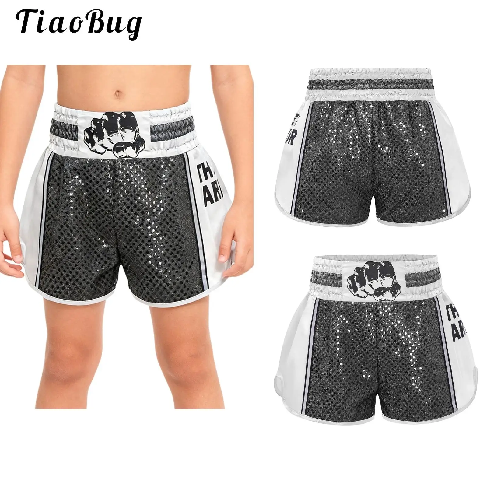 #6-16 Kids Boys Girls Boxer Trunks Elastic Waistband Shiny Sequins Color Block Sides Slit Boxing Shorts Elastic Waistband Pants