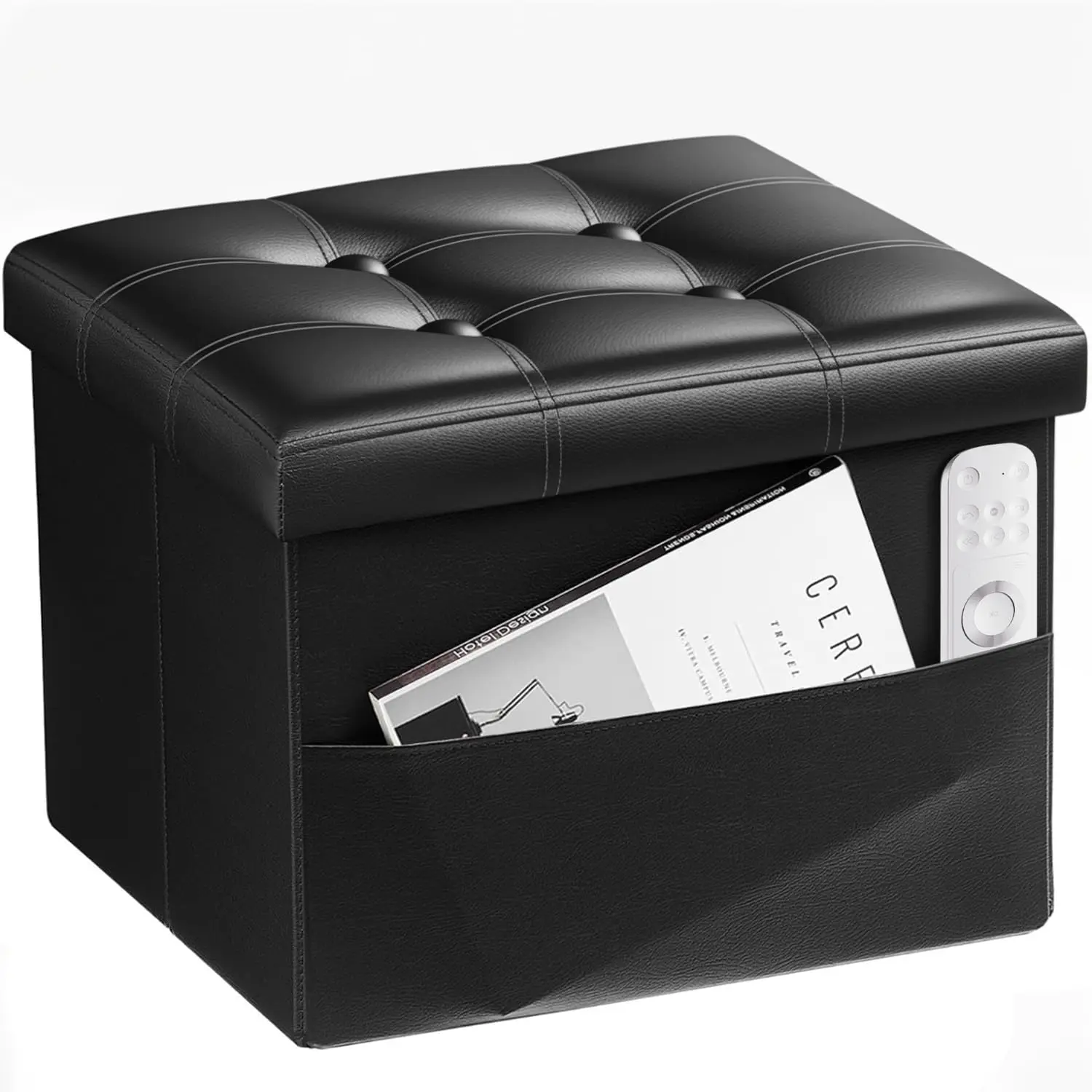 

Ottoman With Storage Foot Stool, 17 Hes Folding Storage Ottomans, Leather Upholstered Ottoman Foot Rest With Side Pockets,